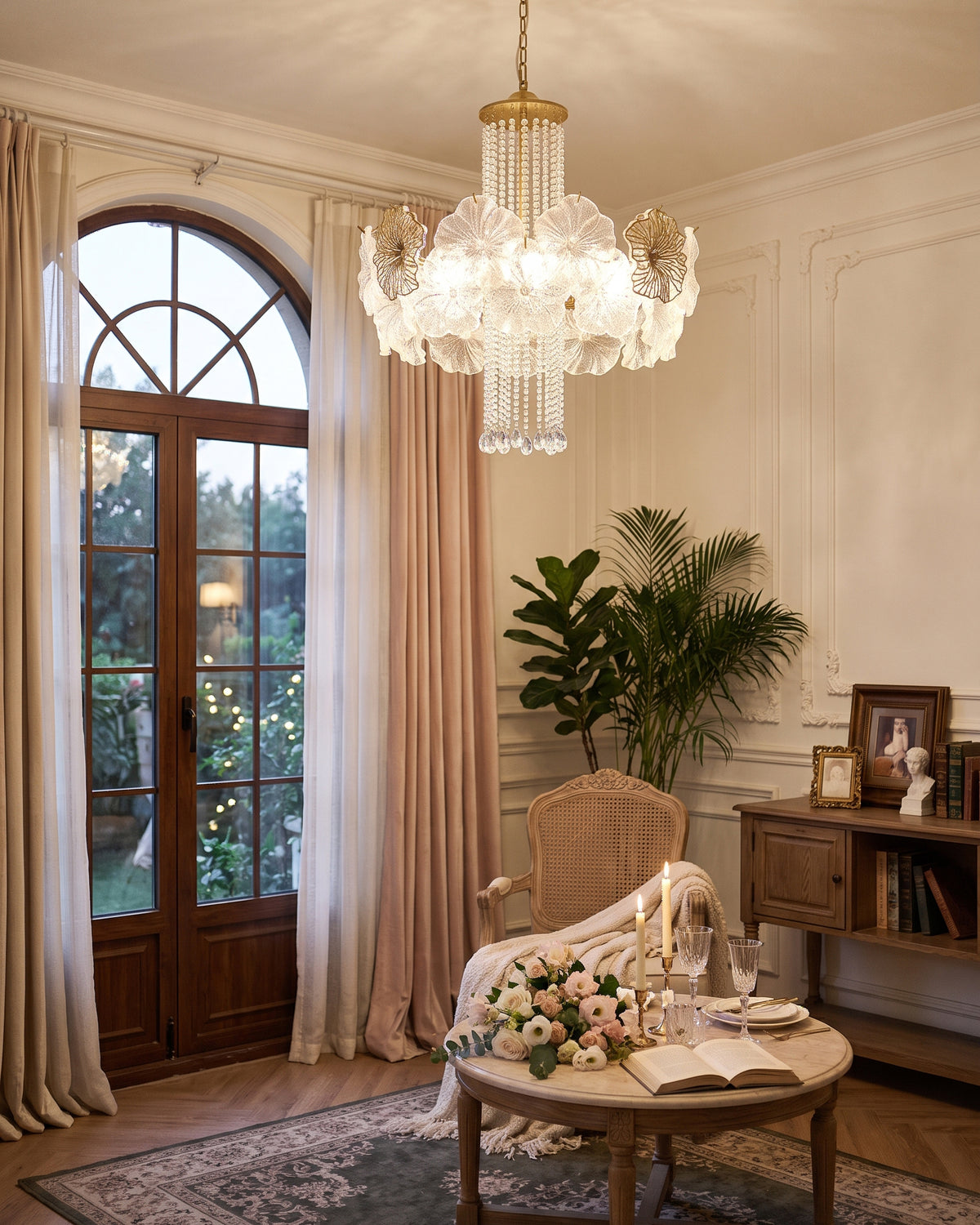 Adelaide Fluted Petal Chandelier frosted and pink glass petals