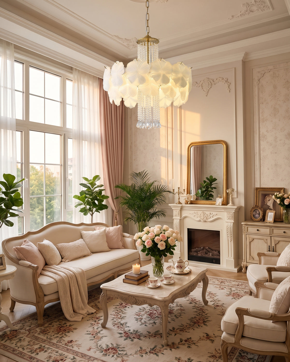Adelaide Fluted Petal Chandelier lit glow