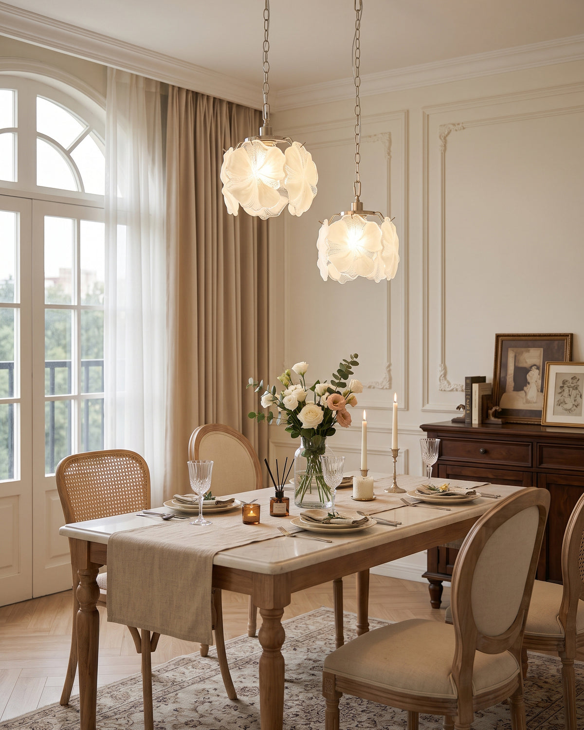 Sybilla Glass Petal Pendant Light lit glow